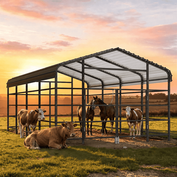 CANVORA 12' x 20' Heavy Duty Waterproof Livestock Shelter, Galvanized Steel Horse Run-in Shed with Curved Eaves Sloped Roof and Multi-Rail Fence for Cattle Goats Equipment