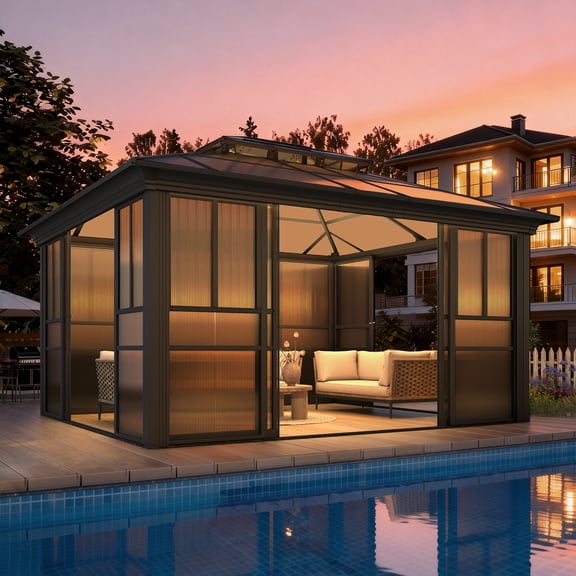 CANVORA 12x14 FT Sunroom Gazebo, Polycarbonate Roof Outdoor Solarium Sun Room with Sliding Door & Adjustable Window Panels, Enclosed Patio Sunroom with Mesh Screens, Aluminum Frame Backyard Enclosure