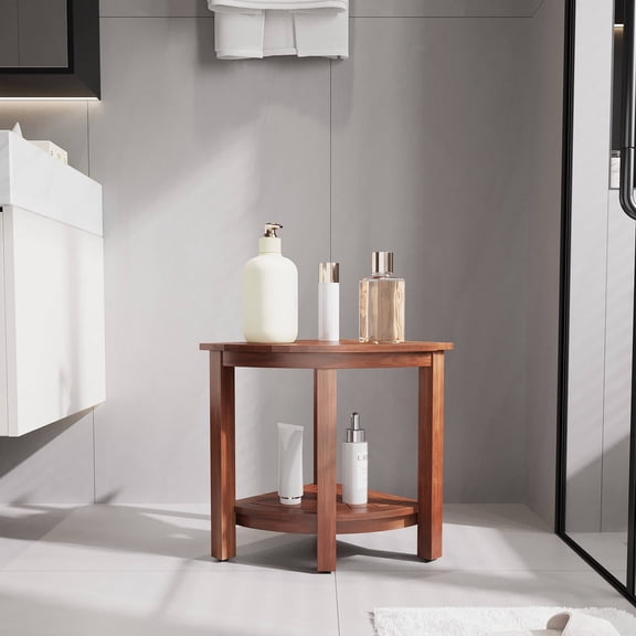 CANVORA Waterproof Corner Shower Stool with Storage Cabinet, 16.8" Small Bathroom Seat for Shower Foot Rest or Sitting, Teak