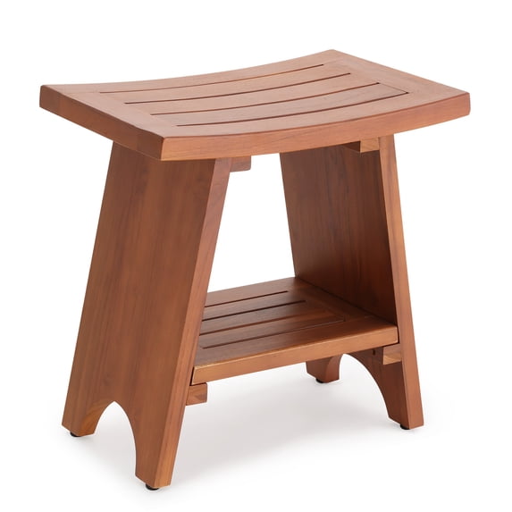 CANVORA 18" Shower Bench with Shelf, Waterproof Stool for Bath or Outdoor Use, Teak Finish