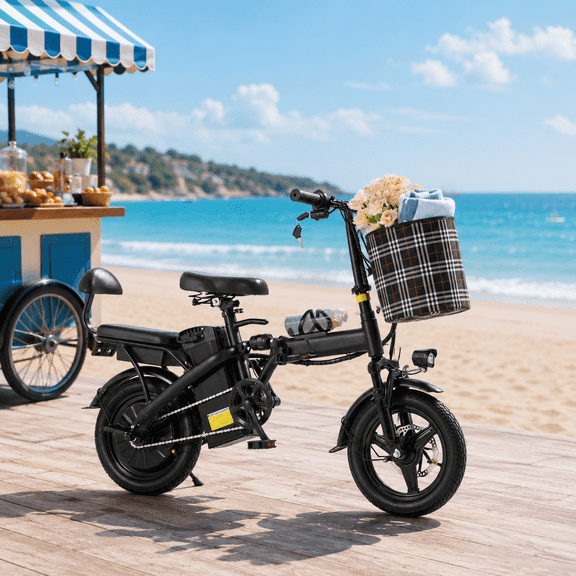 CANVORA Compact Foldable Commuter E-Bike, 500W Motor Mini 14" Two-Seater Folding Electric Bike with Passenger Seat, Max Speed 20 MPH, 30+ Miles Riding Range