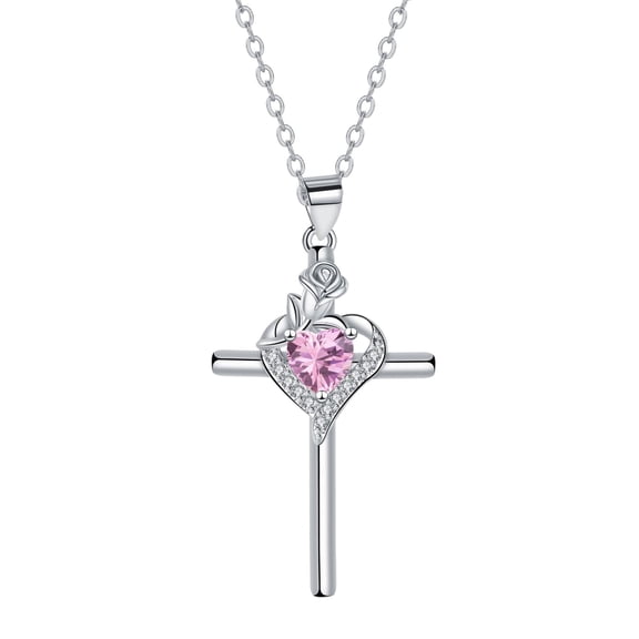 RYNSITO Cross Necklace for Women, 925 Sterling Silver Birthstone Necklace with Rose Flower, Faith Jewelry Gifts for Women Mother Wife Her
