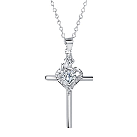 RYNSITO Cross Necklace for Women, 925 Sterling Silver Birthstone Necklace with Rose Flower, Faith Jewelry Gifts for Women Mother Wife Her