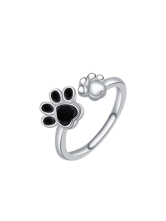 Dog Paw Open Ring 925 Sterling Silver Adjustable Pet Footprint Ring Gift for Women Mother Wife Daughter
