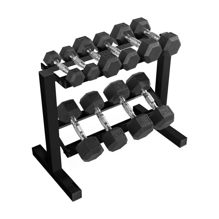 CAP 150 Lb. Coated Hex Dumbbell Weight Set 5 25 Lb. with Black Rack