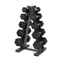 CAP 150 lb Coated Rubber Hex Dumbbell Weight Set with A-Frame Rack, Black