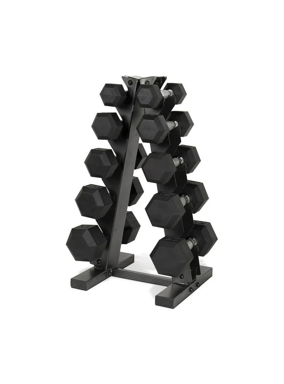 CAP 150 lb Coated Rubber Hex Dumbbell Weight Set with A-Frame Rack, Black