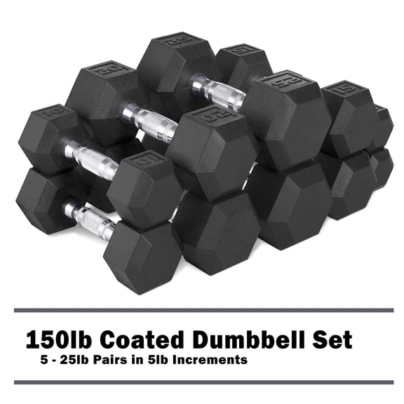 CAP 150lb Rubber Hex Dumbbell Set, Free Weights for Home Gym Strength Training