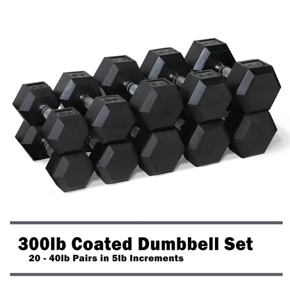 CAP 300lb Rubber Hex Dumbbell Set, Free Weights for Home Gym Strength Training