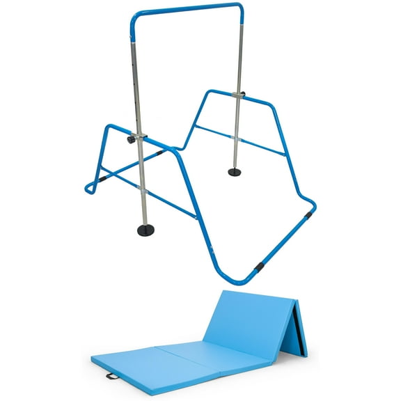 CAP Adjustable Height Horizontal Gymnastics Bar for Kids, Blue and CAP Barbell Gymnastics Balance Mat 10' x 4' x 2" thick, Blue