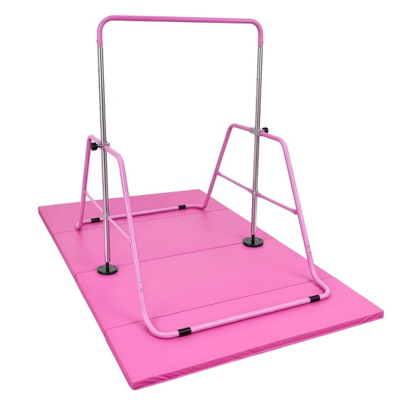 CAP Adjustable Height Horizontal Gymnastics Bar for Kids, Pink and CAP Barbell Gymnastics Balance Mat 10' x 4' x 3" thick, Pink