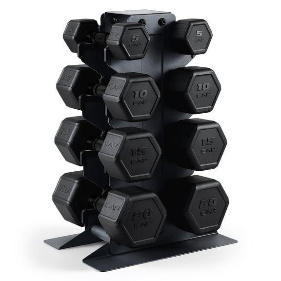CAP Barbell 100 lb Rubber Hex Dumbbell Set with Vertical Storage Rack, 5, 10, 15 & 20 lb Pairs Free Weights for Home Gym