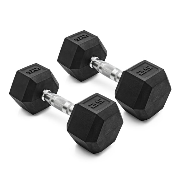 CAP Barbell, 25lb Coated Rubber Hex Dumbbell, Pair (No-Roll Design, Ergonomic Steel Handle, Durable Coated Weight)