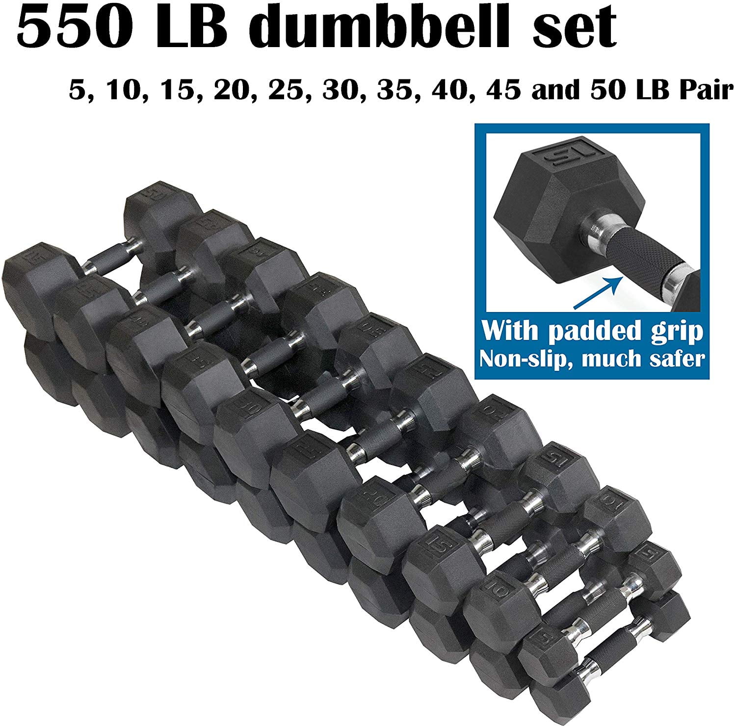 CAP Barbell PVC-Coated Hex Dumbbell Weights with Padded Grip, Pairs of Dumbbell, 550 lb Dumbbell Set