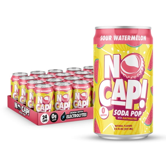NO CAP! Sour Watermelon Soda Pop with Zero Sugar, Zero Calories and Electrolytes, Naturally Flavored Caffeine-Free Soda, Vegan & Gluten-Free, 7.5 oz Cans (24 Pack)