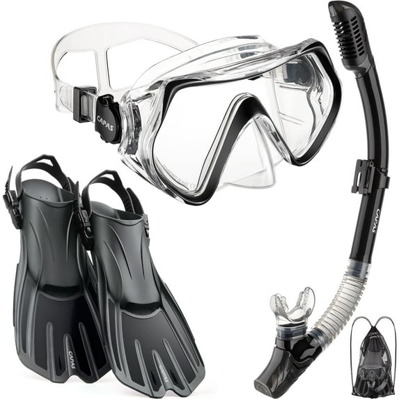 CAPAS Snorkel Mask Fins Set, Travel Size Snorkeling Gear for Adults with Short Adjustable Swim Fins, High Resistant Scuba Diving Mask and Dry Top Snorkel, Come with a Carrying Bag