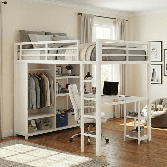 CAPCAEK Queen Metal Loft Bed with Desk & Wardrobe, Heavy Duty Metal High Sleeper Frame with Shelves, White