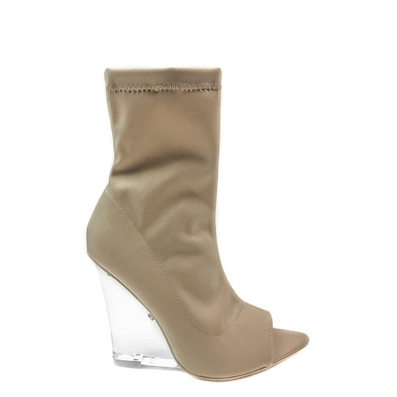 CAPE ROBBIN Brand Women Faux Suede Peep Toe Lucite Wedge Heel Bootie, Nude, 8.5