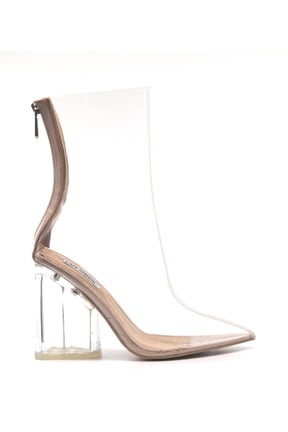 Crystal Glaze Womens Perspex Lucite Clear Pointy Toe Chunky Heel Ankle Boots