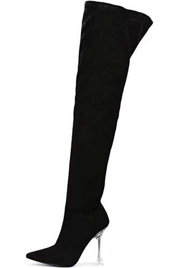 ESTELE POINTED-TOE THIGH HIGH CLEAR STILETTO BOOTS-BLACK Boots
