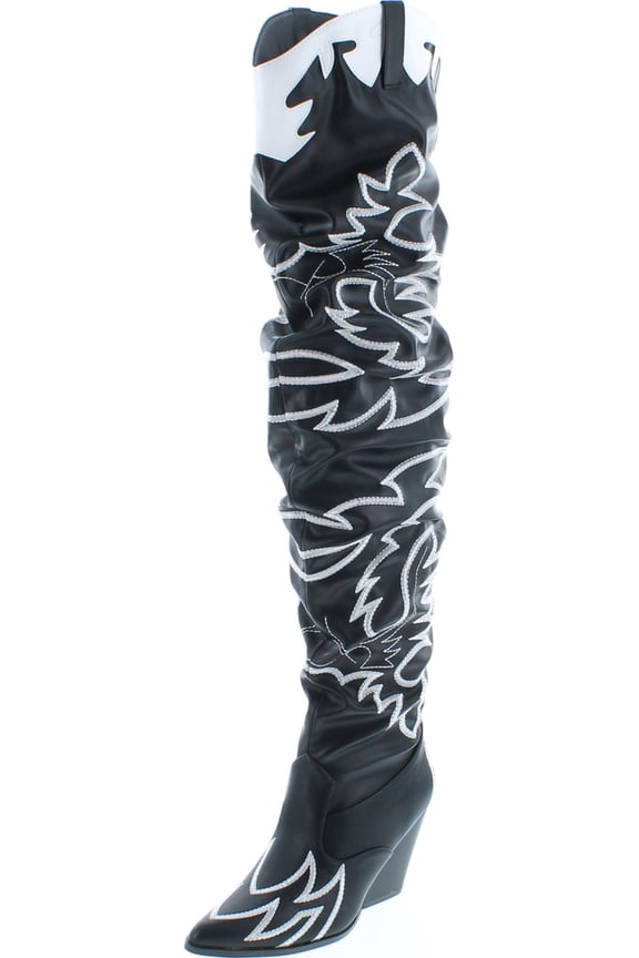 Kelsey-21 Black White Rock Star Western Pointed Slouchy Over Knee Thigh Boot