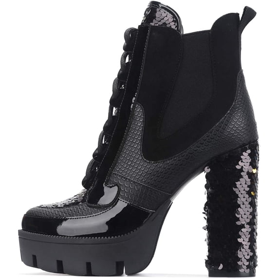 CAPE ROBBIN NELL CHUNKY BLOCK HIGH HEEL PLATFORM LACE UP BOOTS-BLACK Boots BLACK
