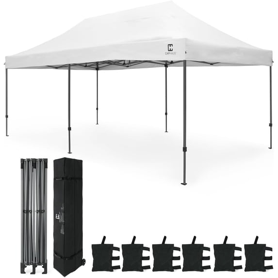 CAPHAUS 10ft x 20ft Commercial Grad Pop Up Outdoor Canopy Easy Up Tent, Heavy-Duty, Instant Folding Shelter with Wheeled Carry Bag and Weight Bags, Portable for Camping, Patio, Parties, White