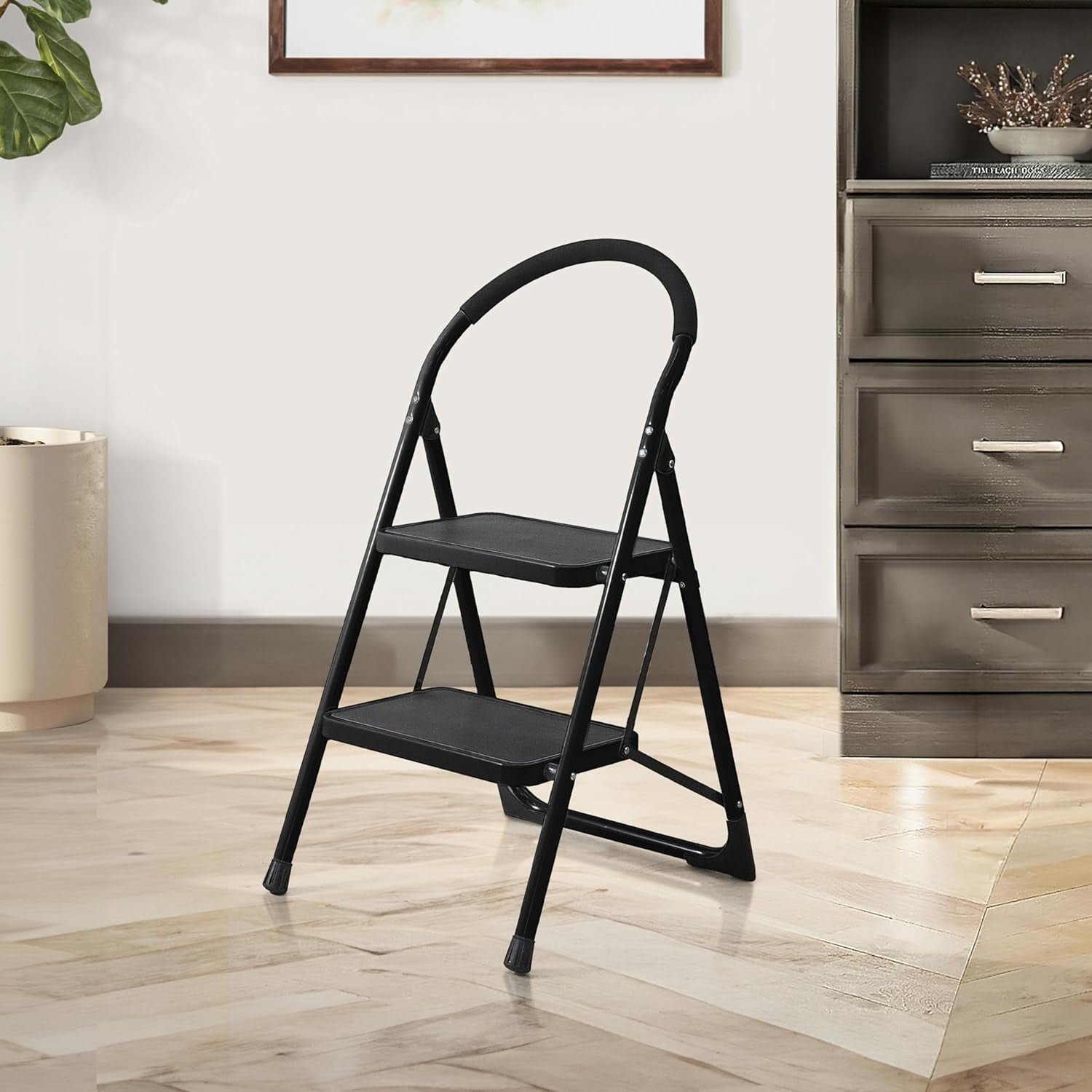 Black Metal 2-Step Folding Ladder with Hand Grip
