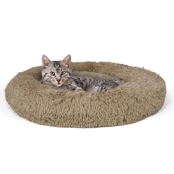 CAPHAUS 24/30 Inch Calming Donut Pet Bed for Small/Medium Cats and Dogs, Anti-Slip Bottom, Washable, Anti-Anxiety Fluffy Round Cat Bed, Indoor Shaggy Cuddler Cotton Candy Brown, Light Gray, Pink Bed