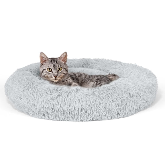 CAPHAUS 24/30 Inch Calming Donut Pet Bed for Small/Medium Cats and Dogs, Anti-Slip Bottom, Washable, Anti-Anxiety Fluffy Round Cat Bed, Indoor Shaggy Cuddler Cotton Candy Brown, Light Gray, Pink Bed