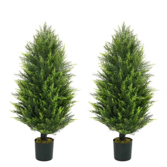 CAPHAUS 3 FT, 36 Inch Artificial Cedar Tree set of 2, Natural Faux Plants for Outside Planter, UV Resistant, Fake Boxwood Topiary w/ Dried Moss, Artificial Tree Indoor, Outdoor Patio Decor