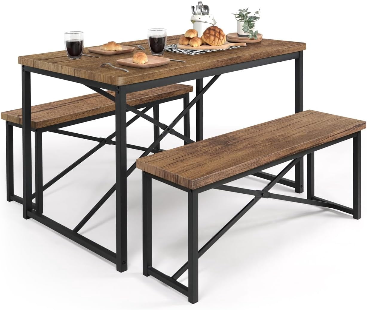 CAPHAUS 3 Pieces Dining Table Set for 4 w/ Benches, Rectangular Dining ...