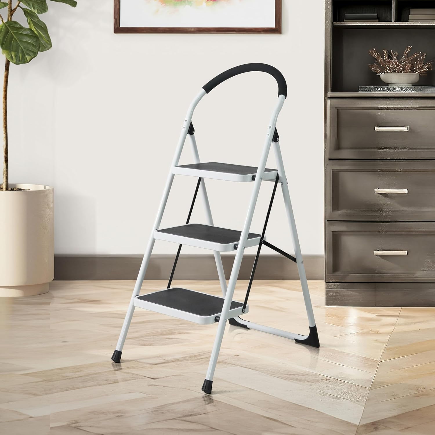 White 3-Step Folding Metal Step Stool with Hand Grip
