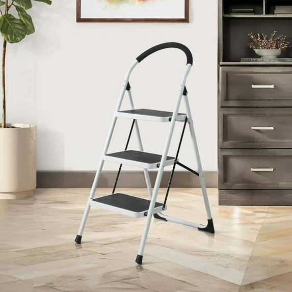CAPHAUS 3-Step Ladder, Portable Folding Step Stool with Extra Wide Anti-Slip Pedal, Heavy Duty Foldable Small Step Ladder with Hand Grip, ANSI A14.11 Certified Sturdy Step Stool, White