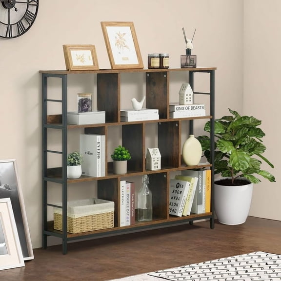 CAPHAUS 3 Tier 10 Cube Bookshelf, Office Shelf, Horizontal Bookcase, Industrial Open Display Shelf with Metal Frame, Wooden Board, for Home, Office, 48 Inch, Rustic Oak