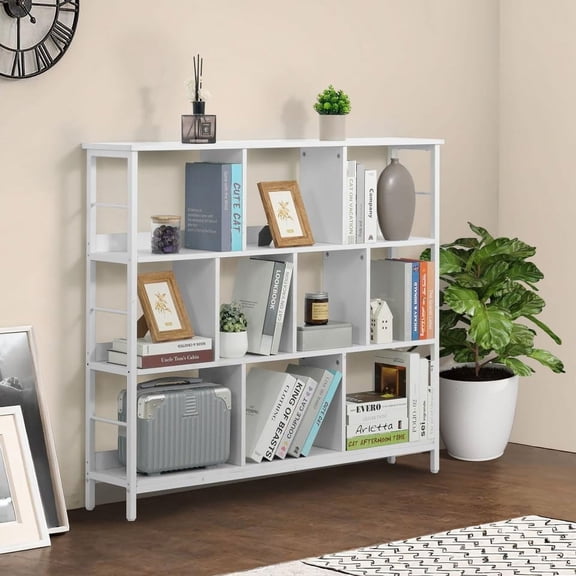 CAPHAUS 3 Tier 10 Cube Bookshelf, Office Shelf, Horizontal Bookcase, Industrial Open Display Shelf with Metal Frame, Wooden Board, for Home, Office, 48 Inch, White
