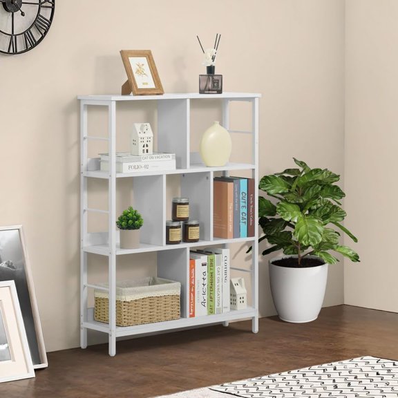 CAPHAUS 3 Tier 7 Cube Bookshelf, Office Shelf, Horizontal Bookcase, Industrial Open Display Shelf with Metal Frame, Wooden Board, for Home, Office, 32 Inch, White