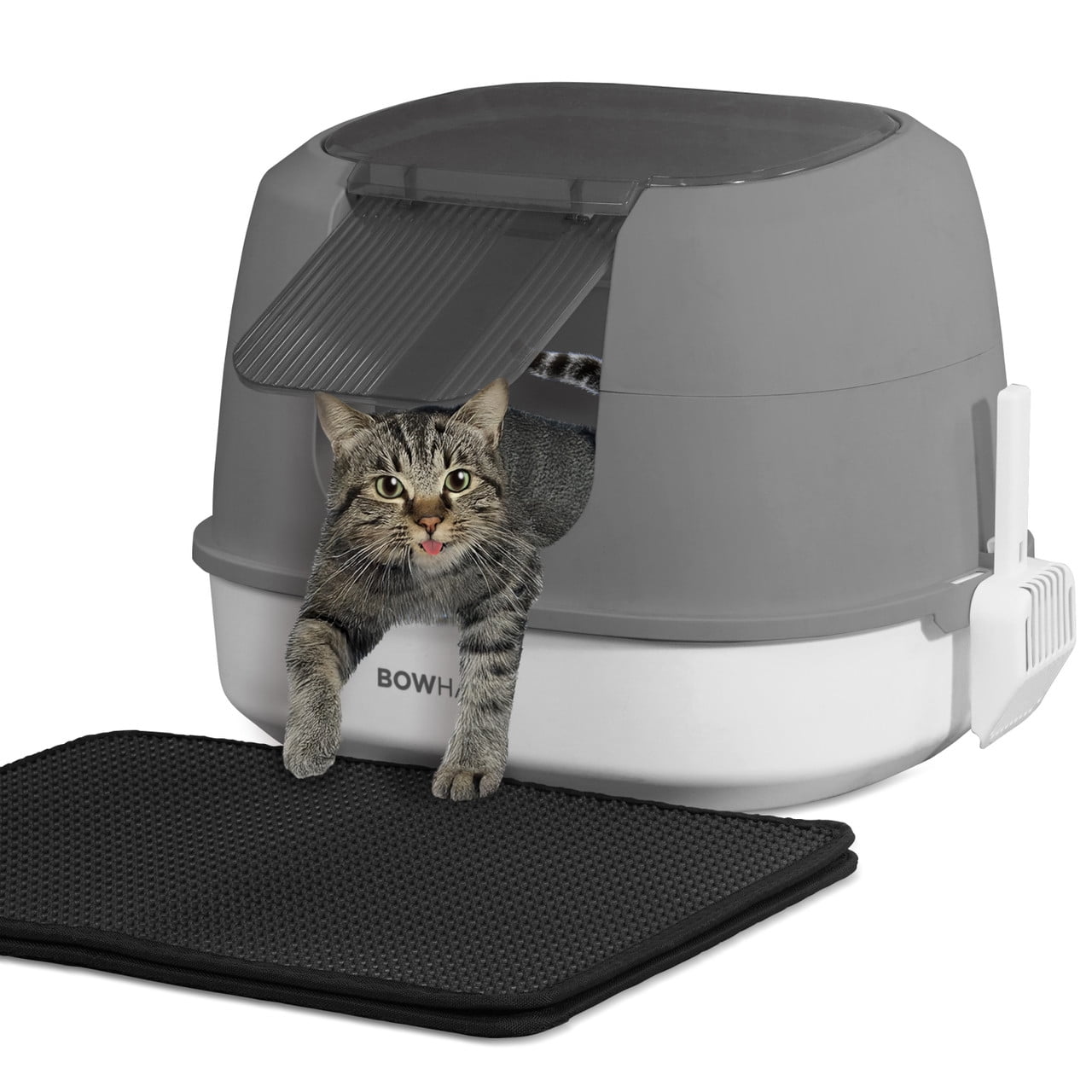 CAPHAUS 3-in-1 Detachable Cat Litter Box w/ Lid, Large Anti-Leakage Cat Toilet with Scoop, Cat Mat & Odor Fitter, Plastic Cat Box for All Sizes of Cats, Dark Grey
