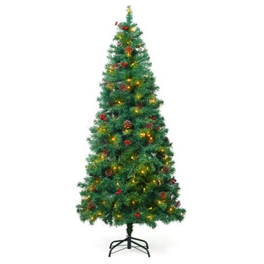 CAPHAUS 4.5 Feet Artificial Pre-lit Pencil Christmas Tree w/ Pinecones, Berries, Slim Xmas Tree w/ 150 LED Lights, 398 Branch Tips Pre-Hinged & Foldable Stand, Skinny Christmas Tree for Indoor