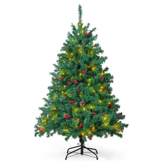 CAPHAUS 4.5 Feet Premium Full Artificial Pre-lit Christmas Tree w/ 398 Branch Tips Pre-Hinged & Foldable Stand, 200 LED Lights, Holiday Fake Xmas Tree w/ Pinecones, Berries for Indoor Decoration
