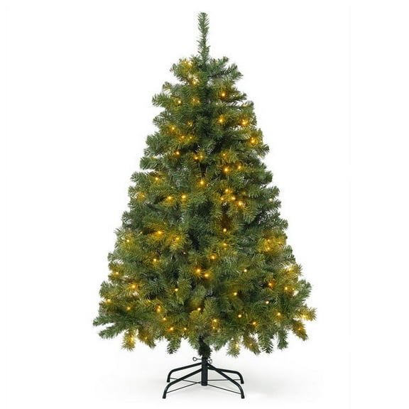 CAPHAUS 4.5 Feet Premium Full Artificial Pre-lit Christmas Tree w/ 398 Branch Tips Pre-Hinged & Foldable Stand, Holiday Fake Xmas Tree w/ 200 LED Lights for Indoor, Office, Party Decoration