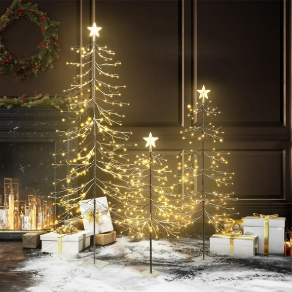 CAPHAUS 4/6/8 Feet Set of 3 Full Artificial Lighted Flocked Christmas Tree, 48/72/96 inch Twinkling Bare Branch Tree w/ Warm White LED Lights, Star Tree Top for Festival, Holiday Decoration Indoor
