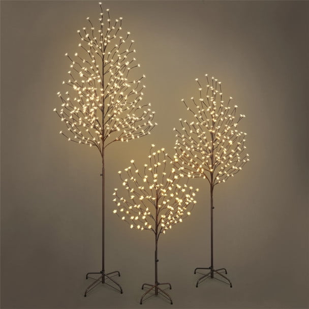CAPHAUS 4/6/8 Feet Set of 3 Twinkling Artificial Cherry Blossom Tree w/Bendable Branches & Foldable Stand, 136/208/288 LED Lights, Lighted Japanese Cherry Blossom Tree for Indoor Decoration