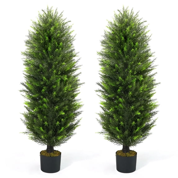 CAPHAUS 4 FT, 48 Inch Artificial Cedar Tree set of 2, Natural Faux Plants for Outside Planter, UV Resistant, Fake Boxwood Topiary w/ Dried Moss, Artificial Tree Indoor, Outdoor Patio Decor