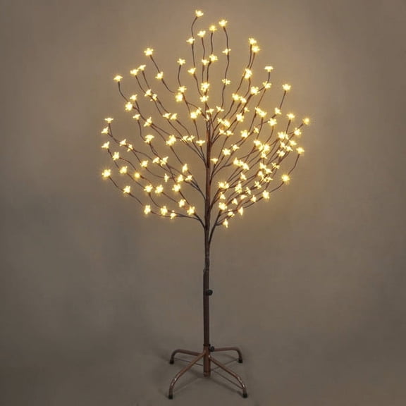 CAPHAUS 4 Feet Artificial Twinkling Cherry Blossom Tree w/Bendable Branches & Foldable Stand, 136 Warm White LED Lights, Lighted Japanese Cherry Blossom Tree for Festival, Holiday Indoor Decoration