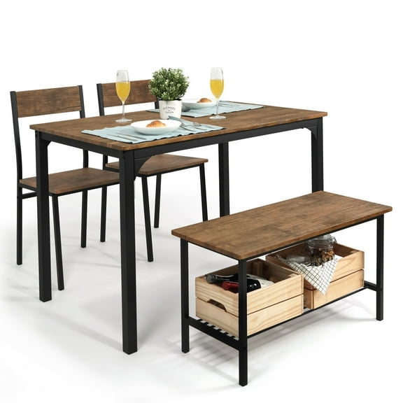 CAPHAUS 4 Pieces Dining Table Set for 4 w/ Bench and Chairs, Modern Table Set for Dining Room, Home, Kitchen w/ Storage Rack, Rectangle Table, Bench & Two Chairs, Space-Saving Dining Set, Teak Oak