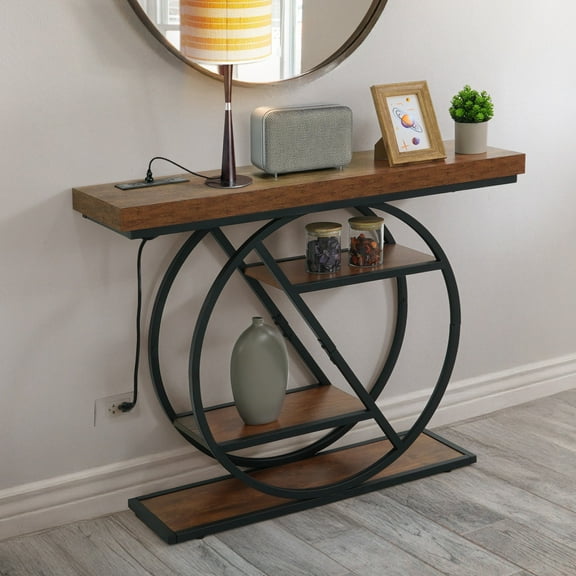 CAPHAUS 41” Unique Design 4-Tier Industrial Thick Sofa Console Table w/ Storage & Charging Station, Entrance Tableau w/ 2 Outlets, USB & Type-C Ports for Living Room, Hallway, Rustic, Hourglass