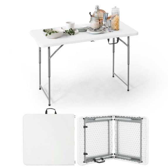 CAPHAUS 47.2 In Folding Table, Utility Craft Table w/ Carrying Handle, Heavy Duty Portable Fold Up Table, Outdoor and Indoor, Adjustable Height Plastic Table for Camping, Picnic, Office, Home, White