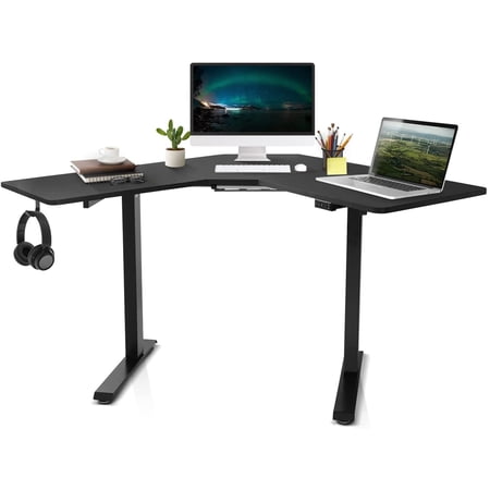CAPHAUS 48 Inches L Shaped Electric Standing Computer Desk, Home Office Height Adjustable Corner Desk with 2 Position Memory Control Panel, Black Metal Frame & P2 Grade Black Desktop, Single Motor