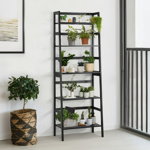 CAPHAUS 5-Tier Bamboo Ladder Shelf, Bamboo Open Storage Ladder Bookshelf, Freestanding Plant Standing Display Stand, Multifunctional Storage Rack Stand for Bathroom, Bedroom, Kitchen, Black